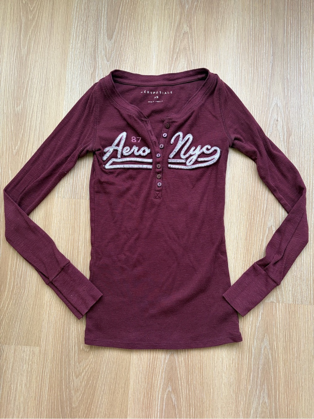 Aeropostale Burgundy Henley Logo Long Sleeve Tee